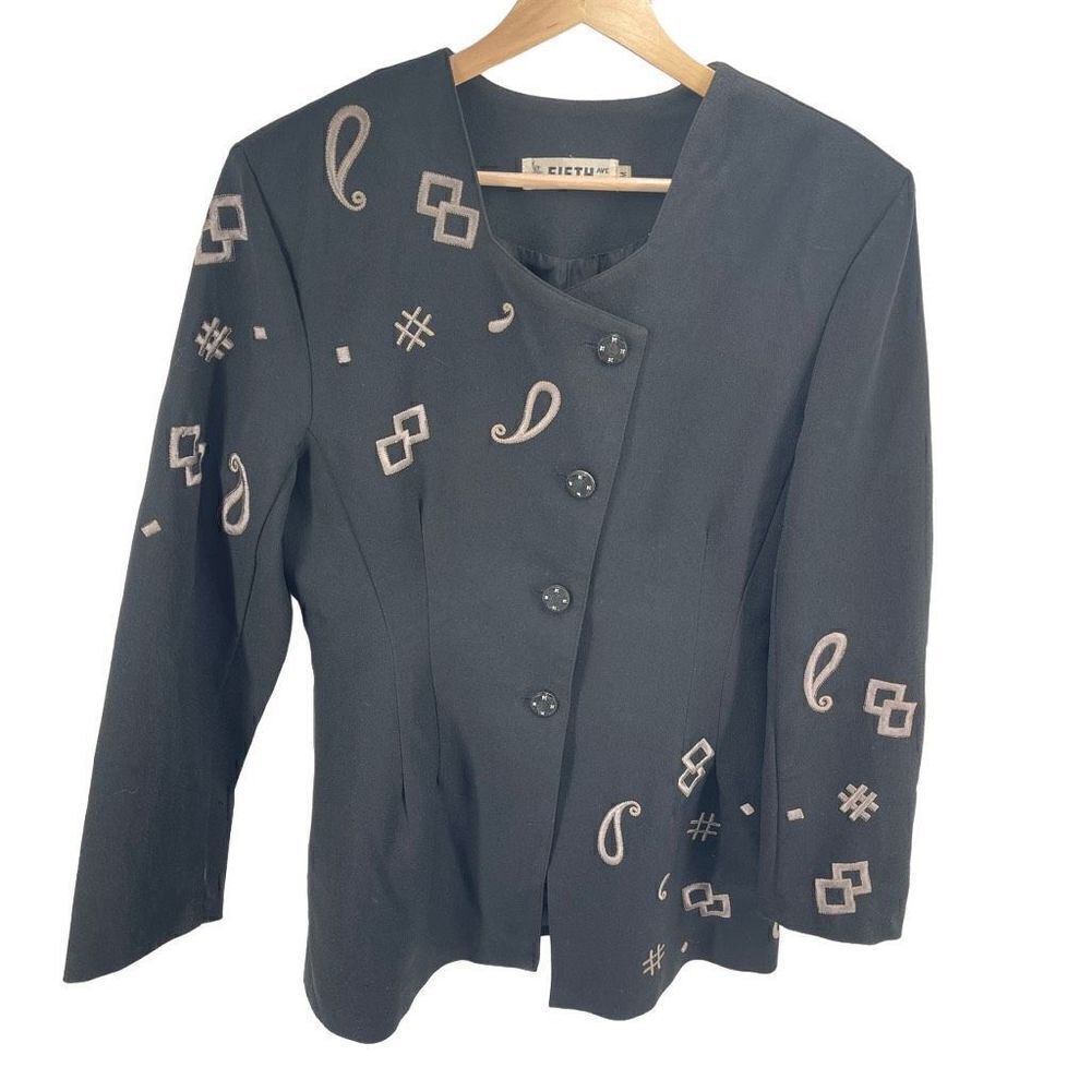 Fifth Avenue Vintage Womens Blazer Jacket Button Up Embroidered Black Medium